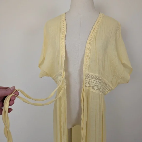 Vintage Butter Yellow Maxi Cardigan Front Ties Sheer Crochet Floor Length - Picture 9 of 10